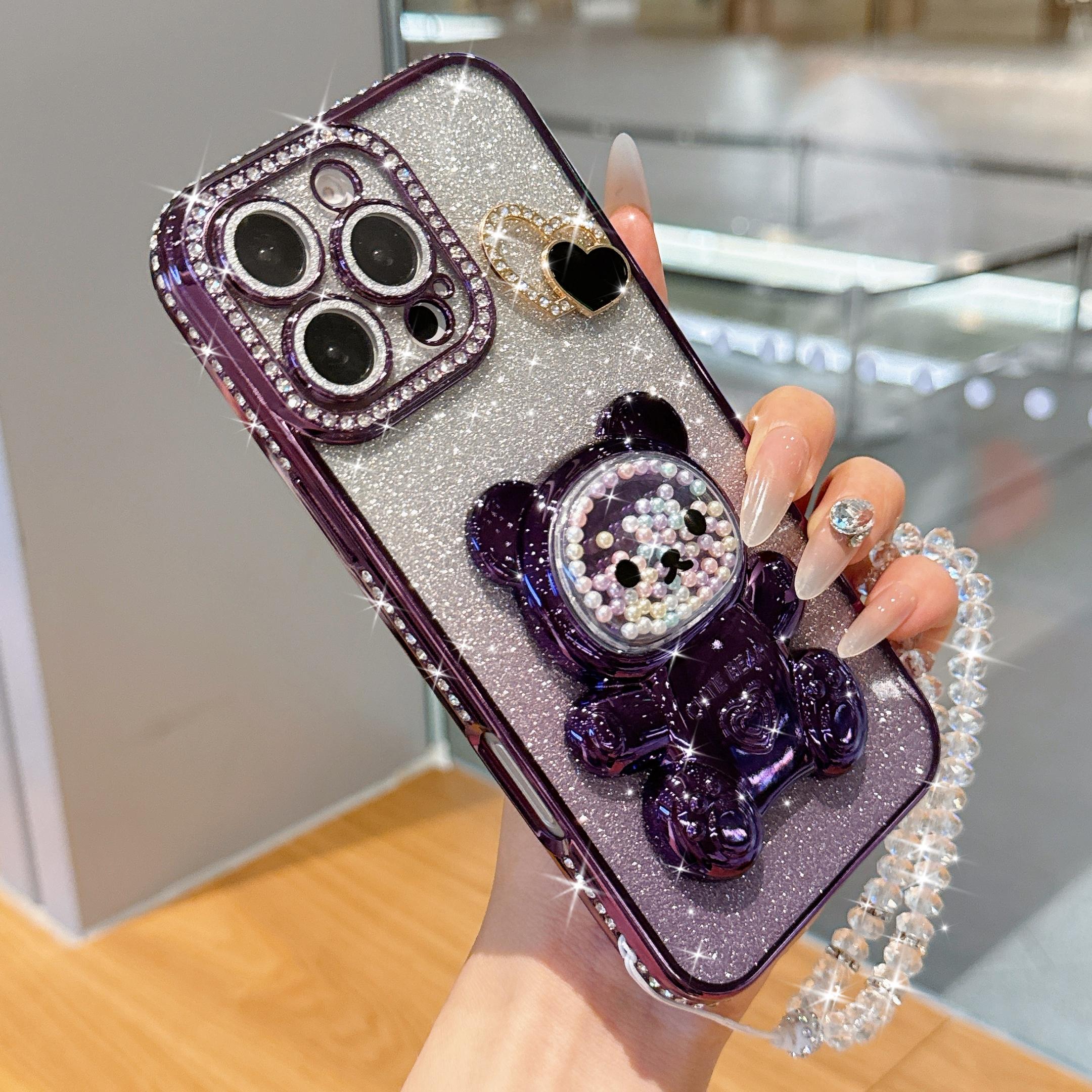 Luxury Blue Bear Stand Phone Case, Gradient Sand Anti-Drop Protection, Crystal Lanyard, Fits iPhone 17pro Max 16pro 15 14 13 12 11