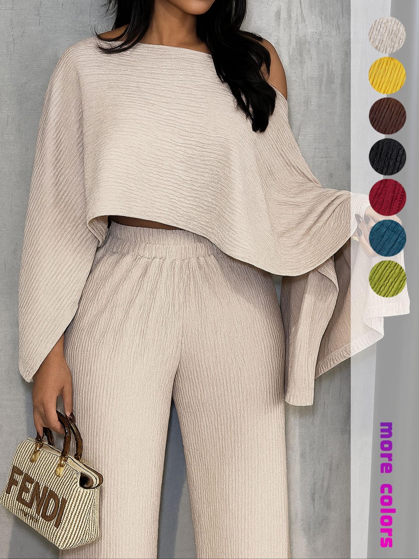 Two-Piece Set Women's Solid Color Top & Elastic Waist Pants, Casual Fashion Cozy Top & Trousers for Daily Outdoor Wear, Women's Clothing for Fall