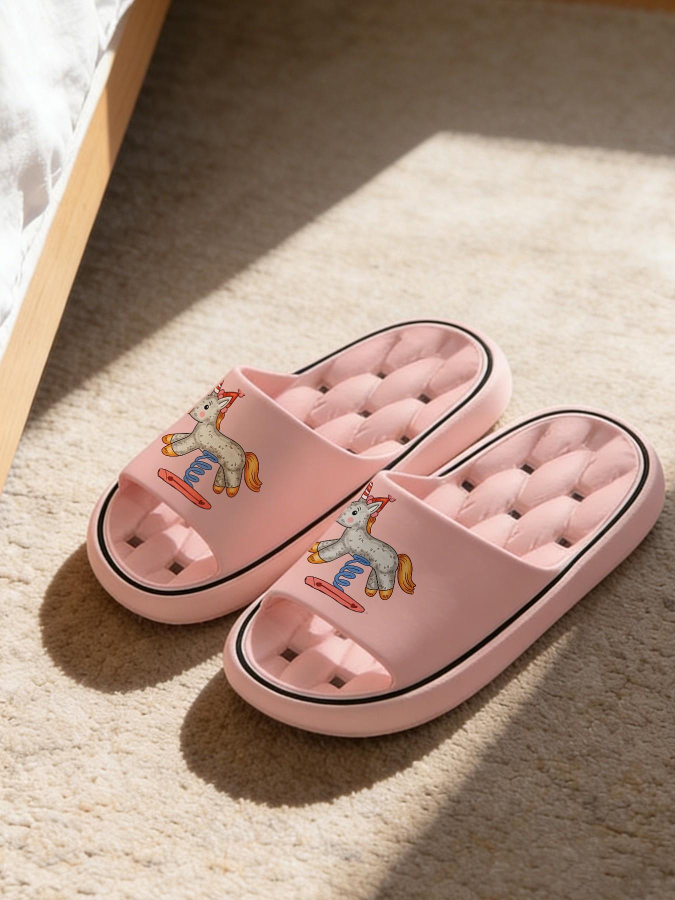 1 Pair Cartoon Pony Skateboard Themed Printed Hollow Massage Thick Sole Slippers, Cute Fun Style, Non-slip Soft Sole, Quick-dry for Bathroom, Indoor & Outdoor Dual-use, Open Toe Slides, Bathroom Casual Slippers