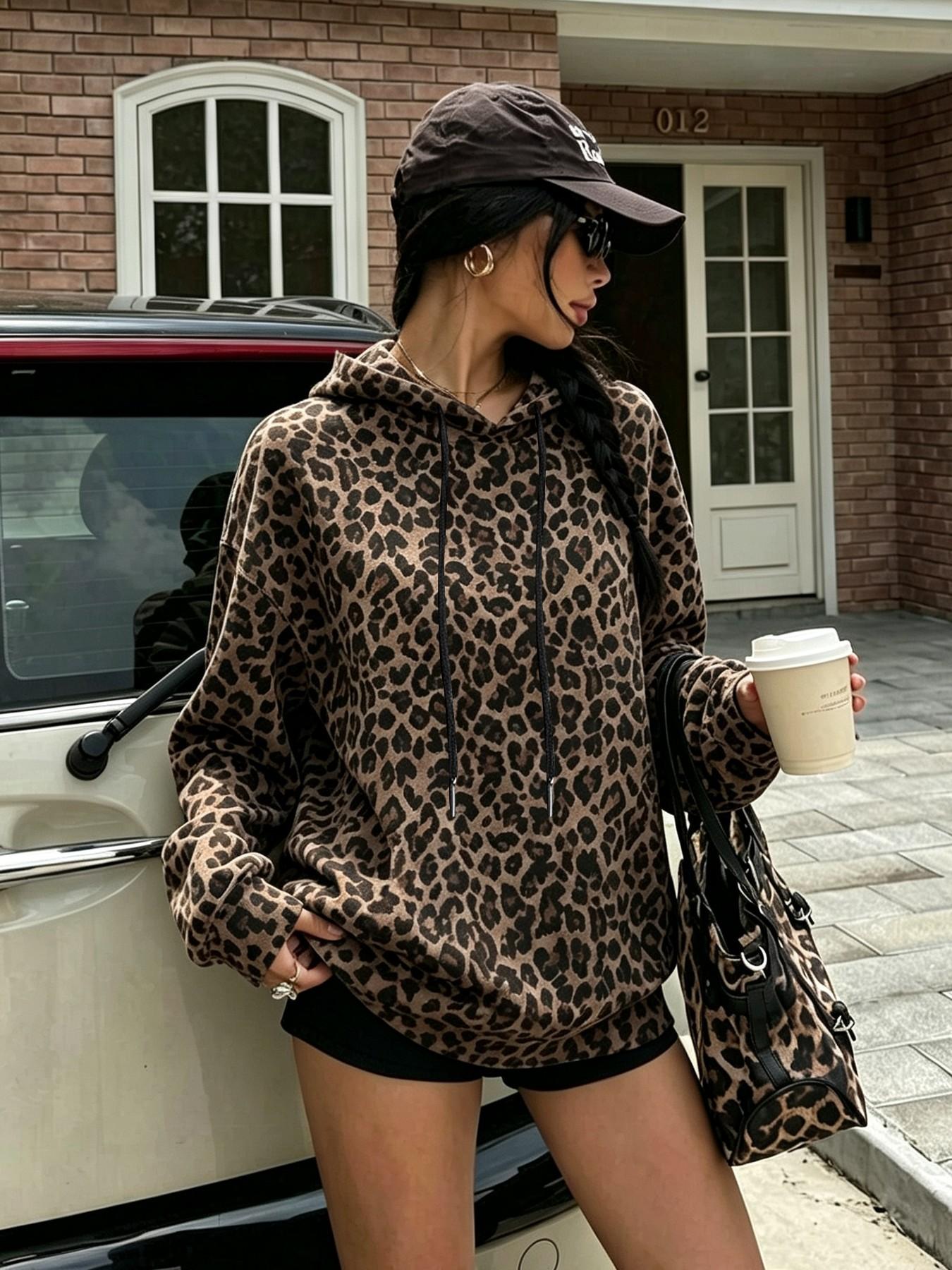 Women's Leopard Print Drawstring Hoodie, Casual Long Sleeve Sweatshirt, Loose-Fitting Striped Design, Fall Winter Fashion Top, Casual Cozy Sweatshirt