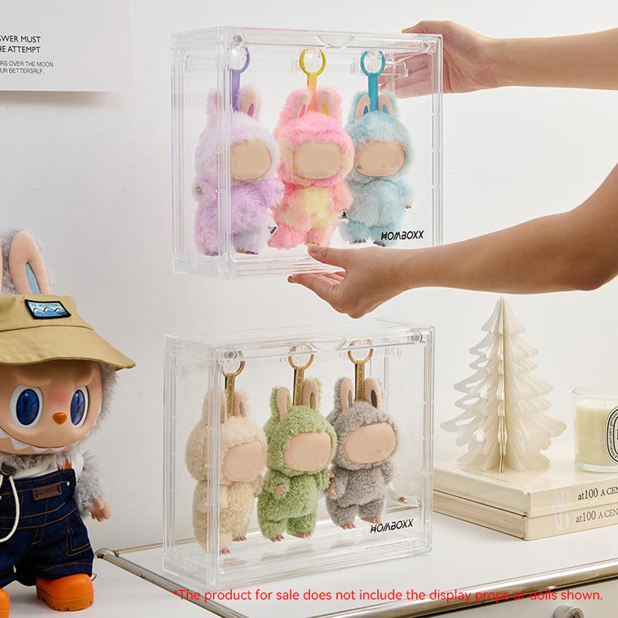 Plush Hanging Display Storage Box Set with 4 Transparent Hooks, 12-Piece Hook Kit, Dustproof Moisture-Proof, Stackable, Suitable for Pop Mart Collectibles