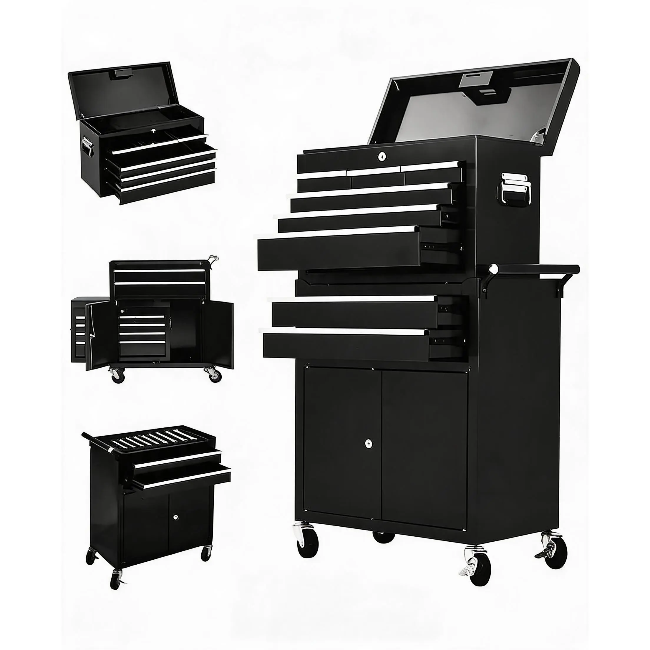 Heavy-Duty 8-Drawer Rolling Tool Chest - Lockable Metal Toolbox Organizer for Workshop Tools & Garage Users, Detachable Top Cabinet, Sliding Drawers, Adjustable Shelf, Warehouse Storage Solution