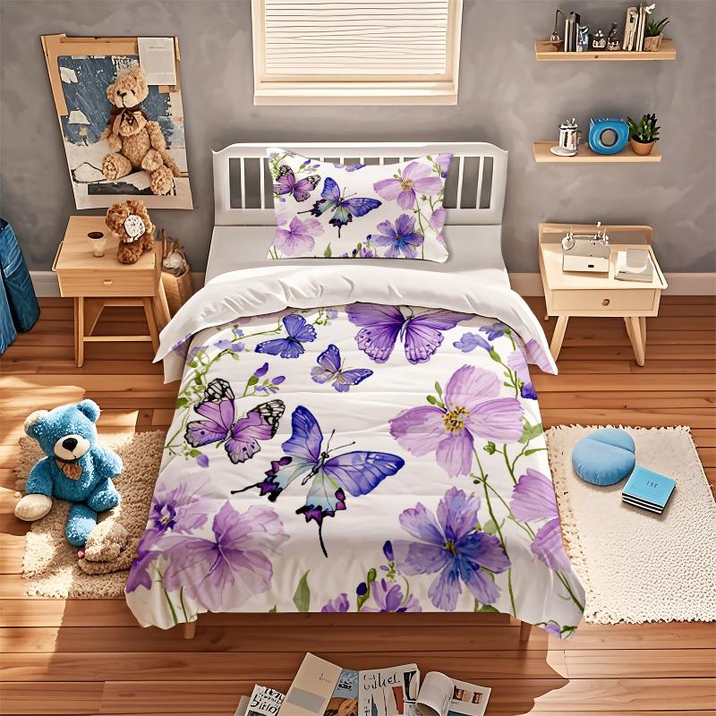 Printed butterfly pattern bed sheet set, soft microfiber bedding, double/full-size/queen size/plus size, anti shrink and anti fading, easy to maintain all season decoration