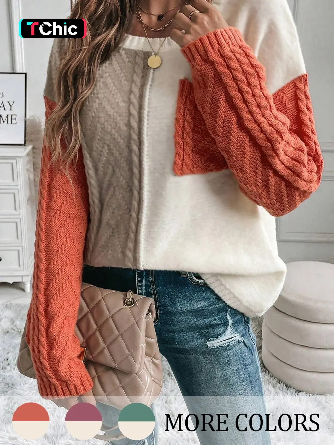 Women's Patchwork Pullover Sweater for Fall & Winter, Basic Drop Shoulder Style with Front Pocket, Casual Party Wear