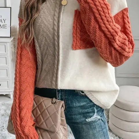 【Black Friday】Women's Color-Block Pullover Sweater for Fall & Winter, Basic Drop-Shoulder Style with Front Pocket, Casual Party Wear