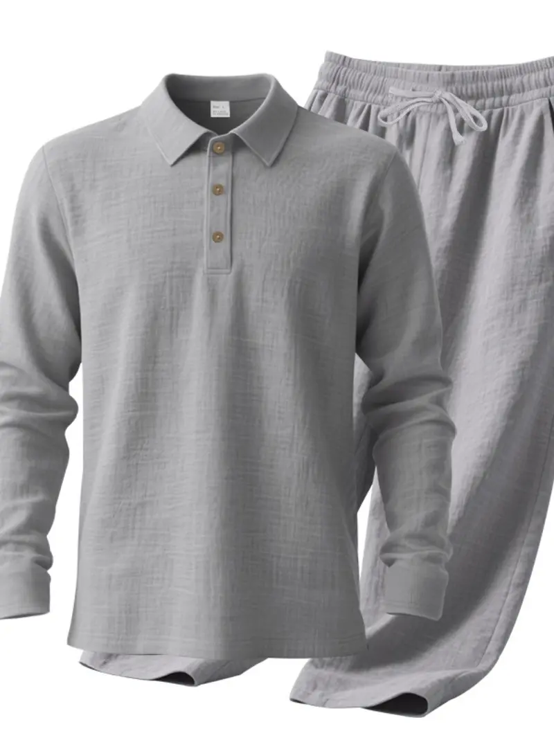 Men's Natural Linen Casual Set, Polo Neck Shirt & Loose Long Pants, Breathable Textured Fabric, Spring Summer, Versatile Men's Natural Linen Casual Set, Polo Neck Shirt & Loose Long Pants, Breathable Textured Fabric, Spring Summer, Versatile
