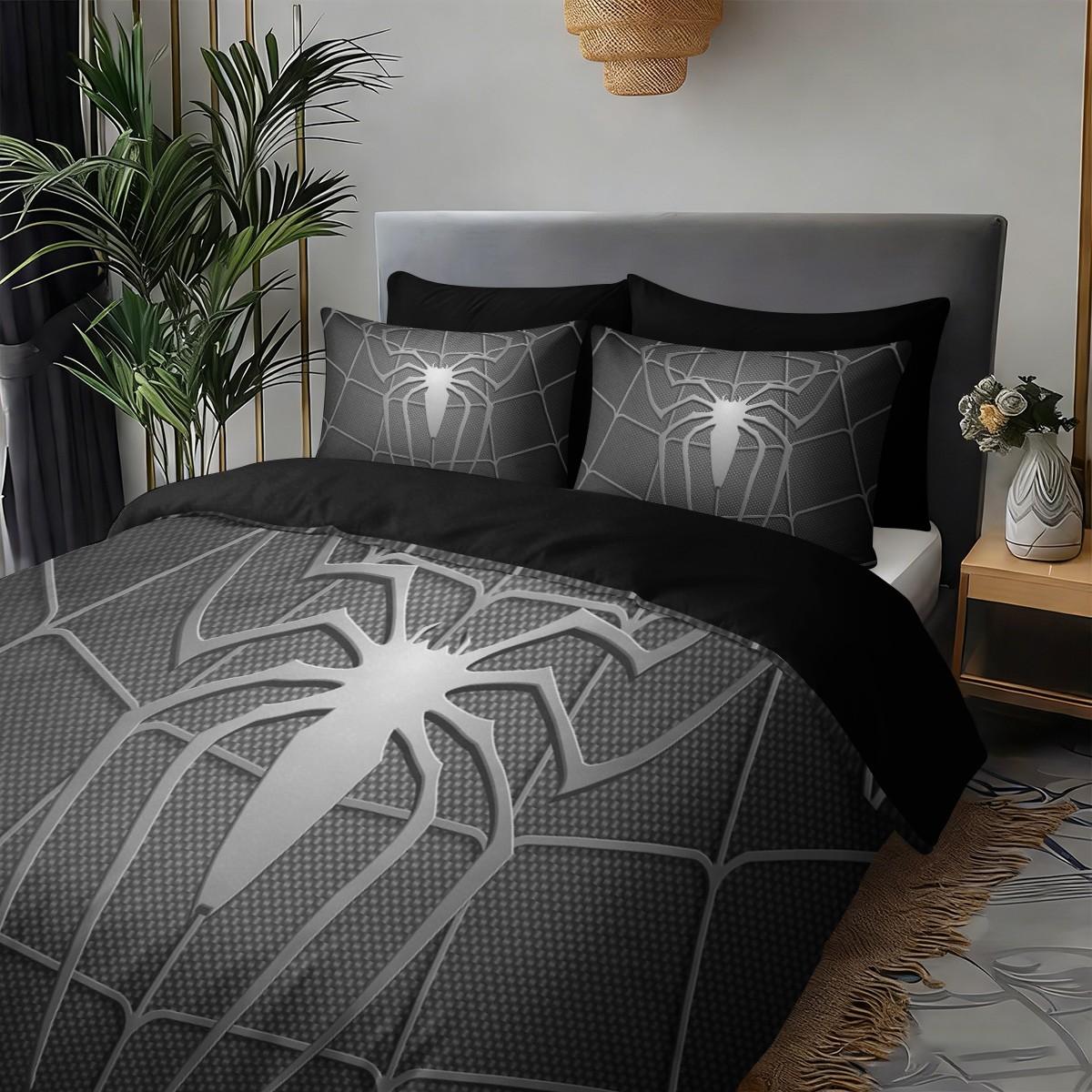 3pc Gray Spiderweb Bedding Set, Decorative bedding set, gray duvet cover set including 1 duvet cover and 2 pillowcases, suitable for single and double beds, available in multiple sizes, perfect for bedrooms, dormitories, guest rooms, and hotels