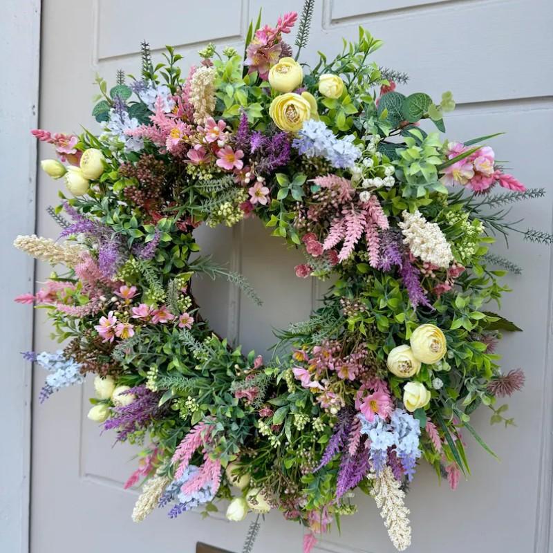 Wildflower Lavender Wreath, Farmhouse Summer Grass Door Decor, All-Season Mother's Day Gift, Spring Wreath, Year-Round Housewarming Present