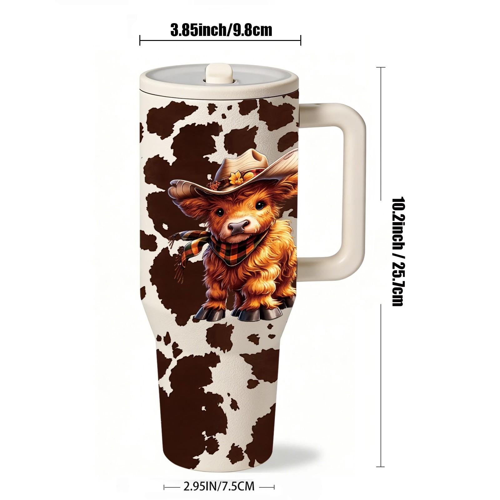 40oz Farm Style Car Travel Mug with Handle, Cute Highland Cow Design, Cow Print Pattern, Large Capacity Tumbler for Hot & Cold Drinks, Fits Car Cup Holder, Leak Resistant Lid, Western Country Gift for Women Men, Road Trip Coffee Cup