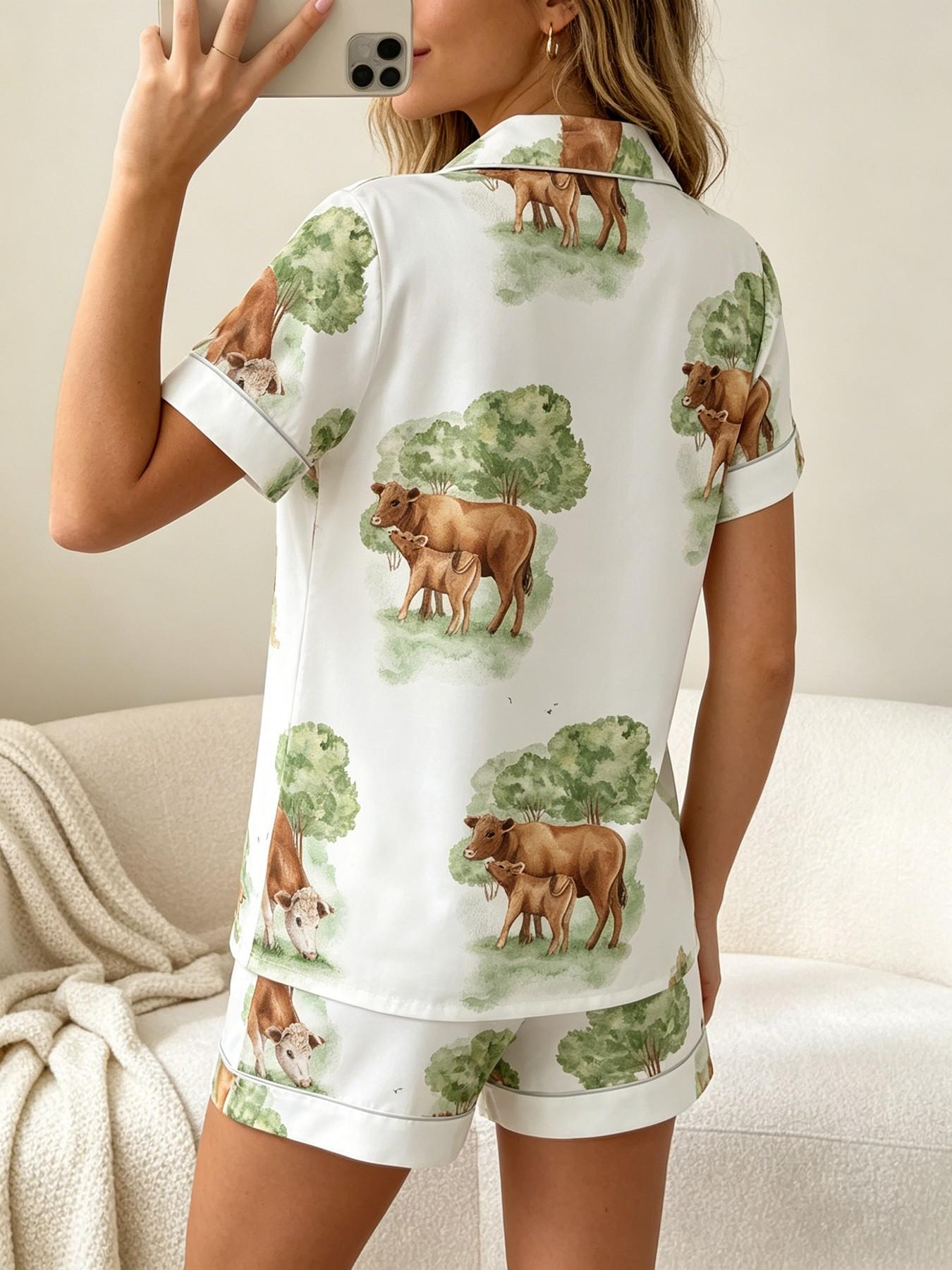 Women's Short Sleeve Button Down Top and Shorts Pajama Set, Spring Summer Wear, For Country Style Lovers, White Base Vintage Farm Print, Classic Lapel Collar, Loose Fit, Comfortable For Home & Gatherings