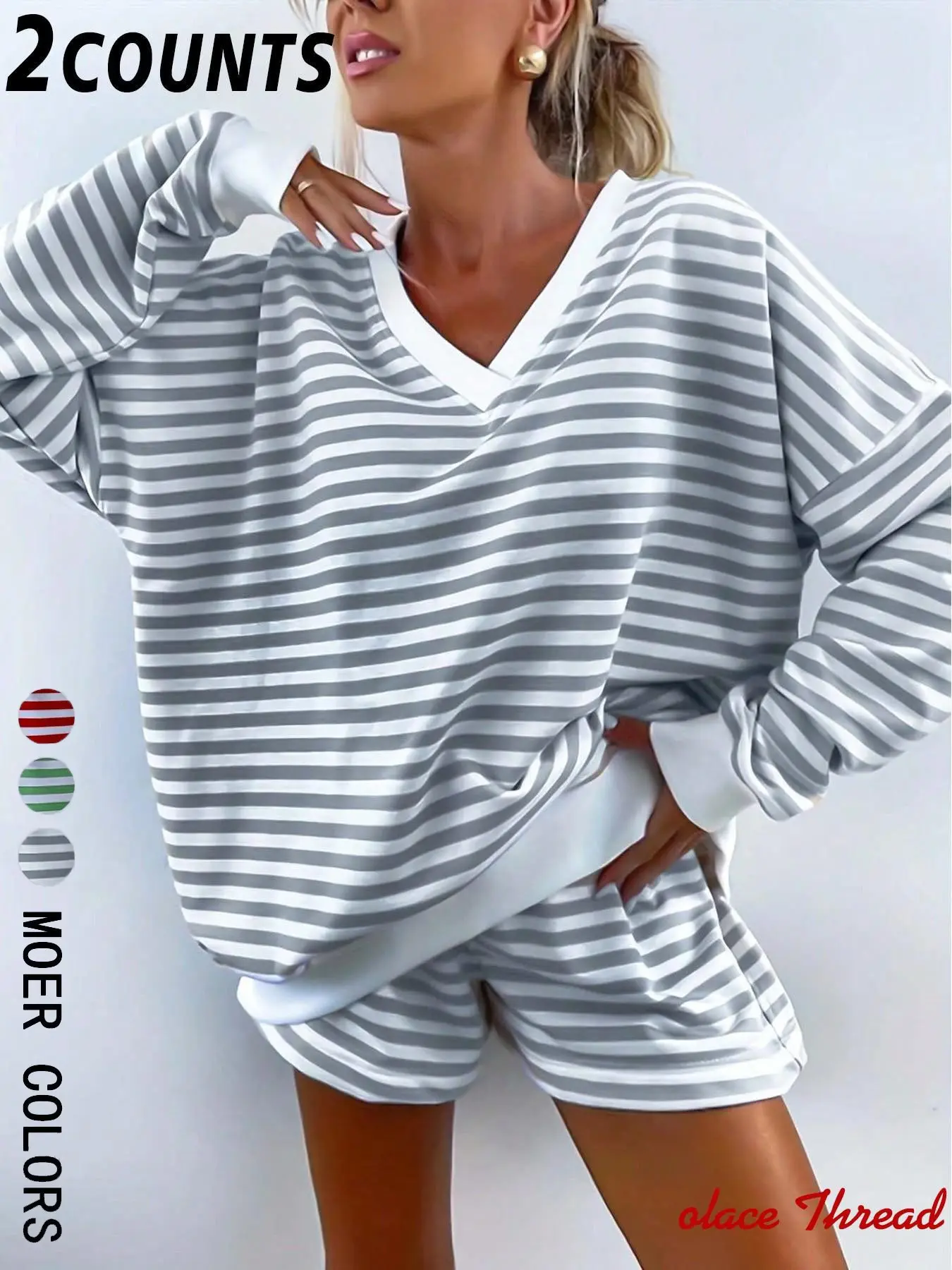 Women's Classic Striped Pajama Set, Long Sleeve Short Pants, V-Neck Design, Multiple Colors Available, Fashionable and Comfortable Sleepwear