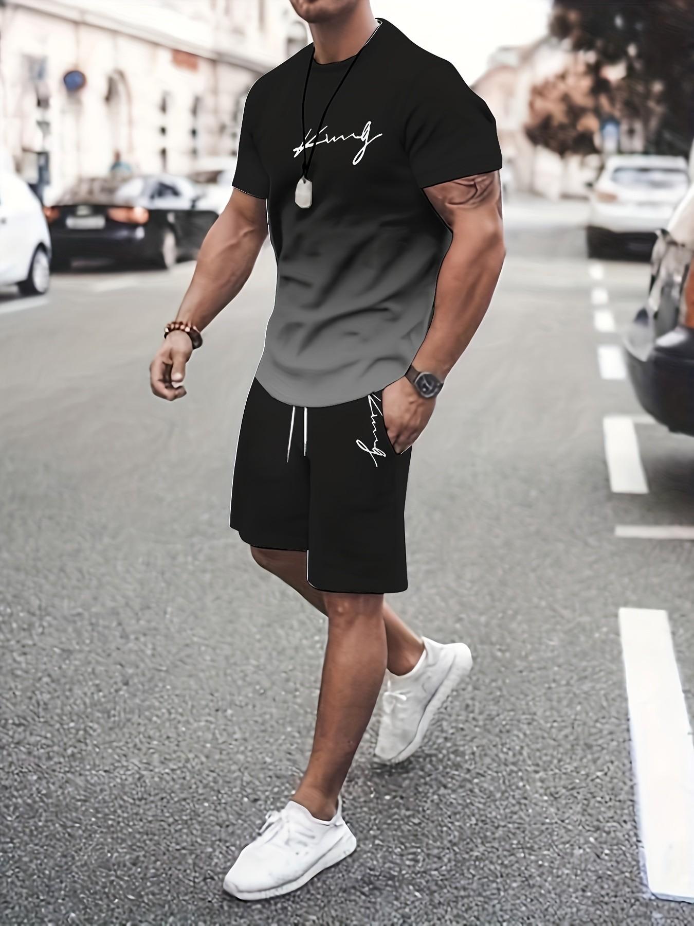 Men's Gradient Fitness Short Sleeve Set, Summer Trendy Sportswear Casual Two-Piece, Fitted Tee and Shorts, Regular Length