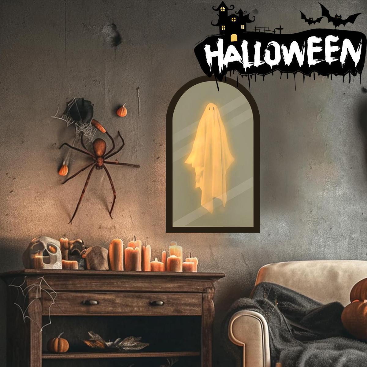 Ghost Mirror Halloween Decor – LED Holographic Ghost Illusion Mirror, 2-in-1 Daytime Mirror Nighttime Ghost, Spooky Tabletop Decoration for Mantel Shelf Party, Creepy Cute Gift for Kids Adults