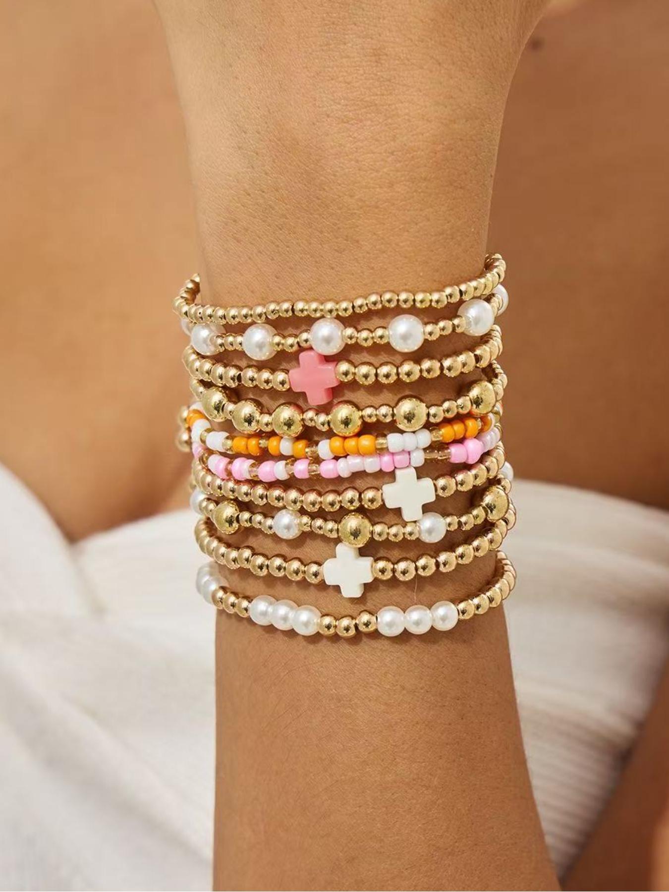 Boho Stackable Beaded Bracelets for Women, Gold Pearl Elastic Bracelet Set, Summer Beach Bohemian Jewelry, Colorful Cross Charm Wrist Bracelets, Daily Wear Gift for Her