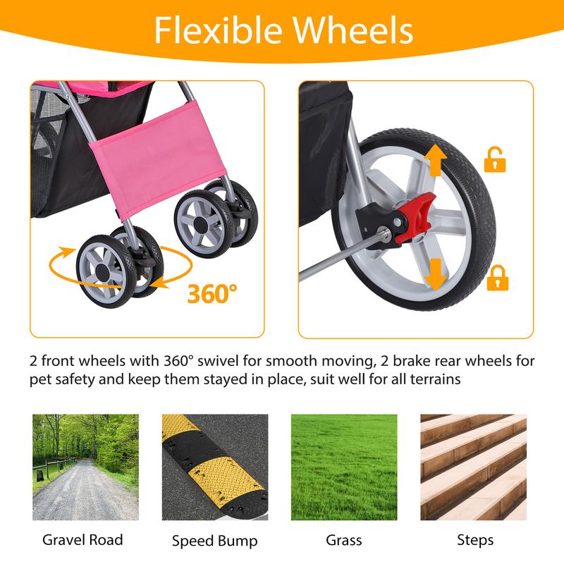 NOVA 4 Wheel Pet Dog Pink Stroller Foldable Cart Max 33lbs W/Storage Basket & Cup Holder