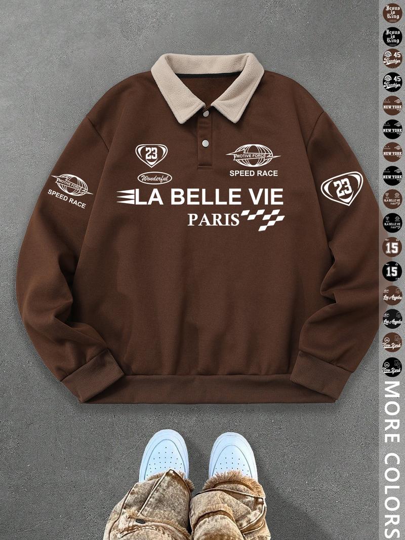 Unisex Y2K Style New York Letter Print Polo Sweatshirt, Thick Retro British Aesthetic Lamb Wool Collar Pullover for Streetwear Casual Wear