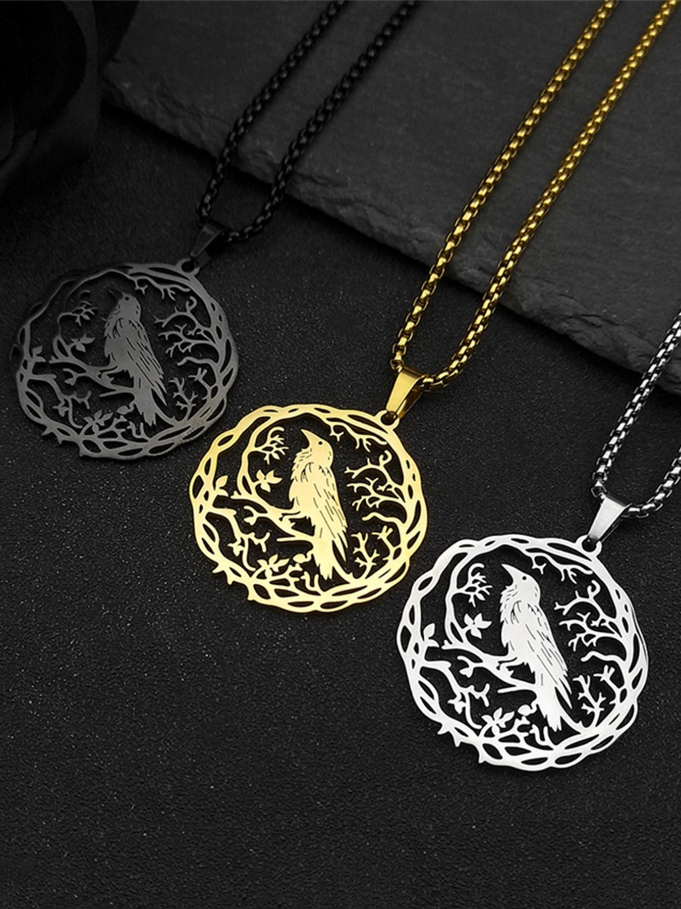 Hollow Crow Raven Birds Pendant Necklace Women Men Stainless Steel Black Color Love Flower of Life Knight Chain Gifts