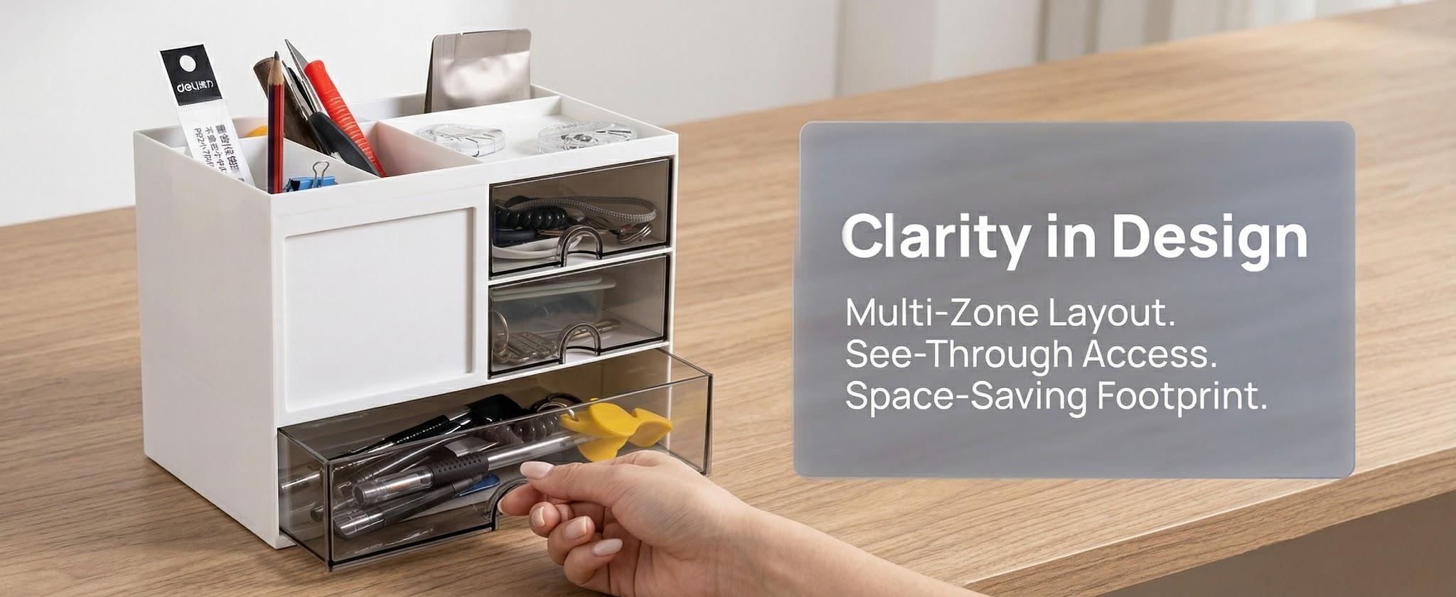 A desktop organizer with three drawers; a multi-functional pencil holder suitable for use in offices or at home; a desktop storage device with 8 compartments; available in white, perfect for storing art supplies in offices or homes.