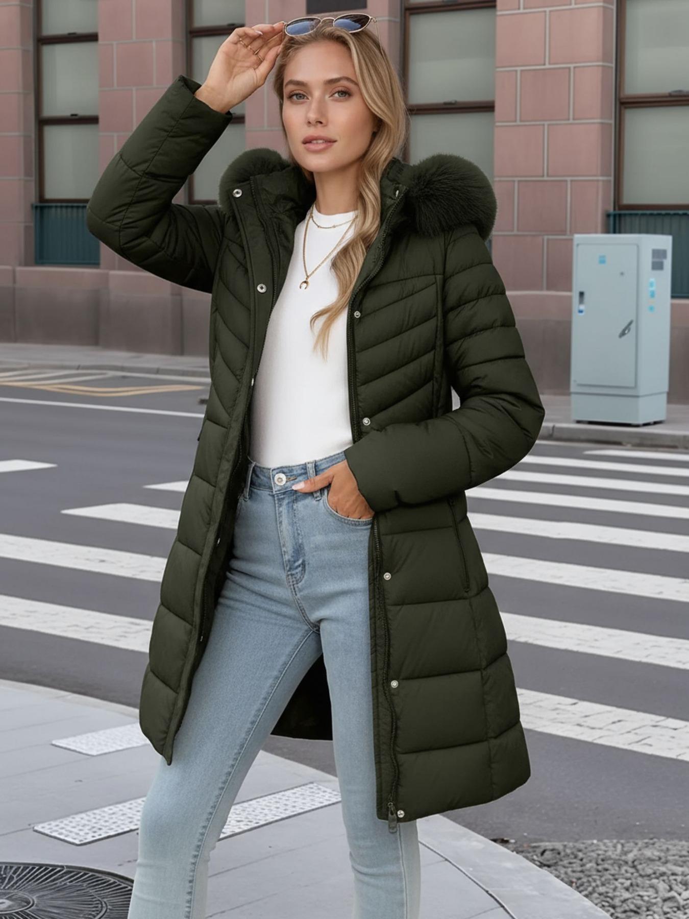 Women's Fall Winter Mid-Length Cotton Coat, Faux Fur Hood and Collar, Casual Fashion Outerwear with Side Pockets and Zipper Design, Quilted Puffer Coat