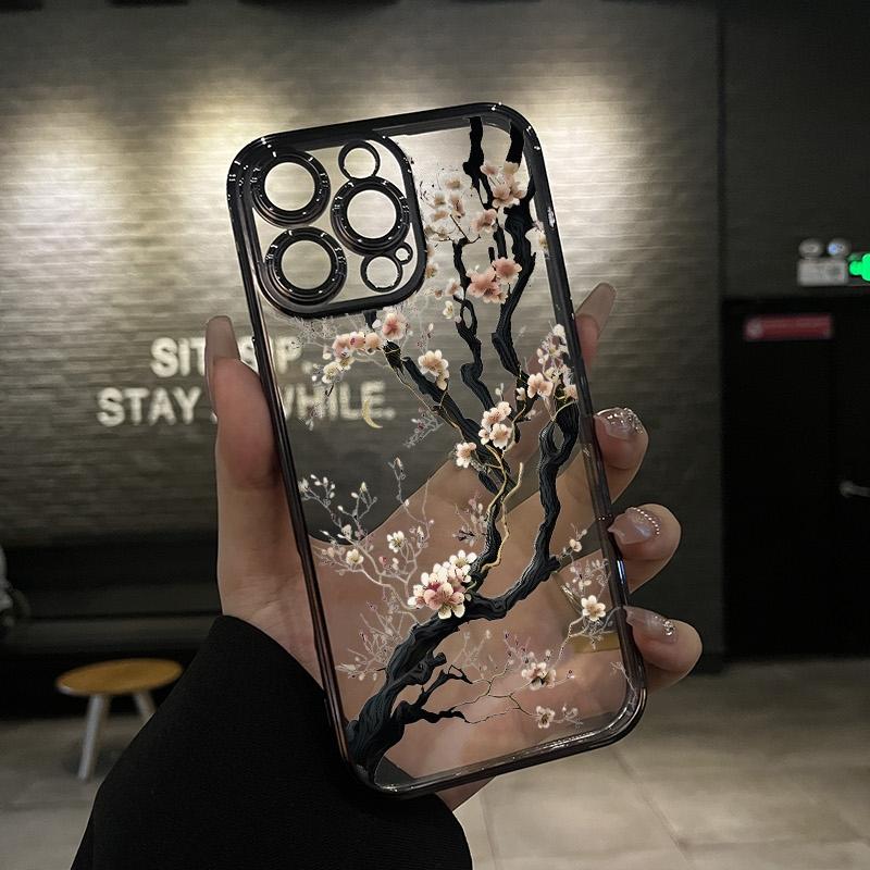 White cherry blossom tree Blooming Pattern Electroplated Mobile Case Camera Lens Protection wildflower cases for iphone 17 16 15 Pro max case 14 13 12 11 XS Plus Shockproof and non-slip silicone transparent acrylic mobile phone protective film iphone 15