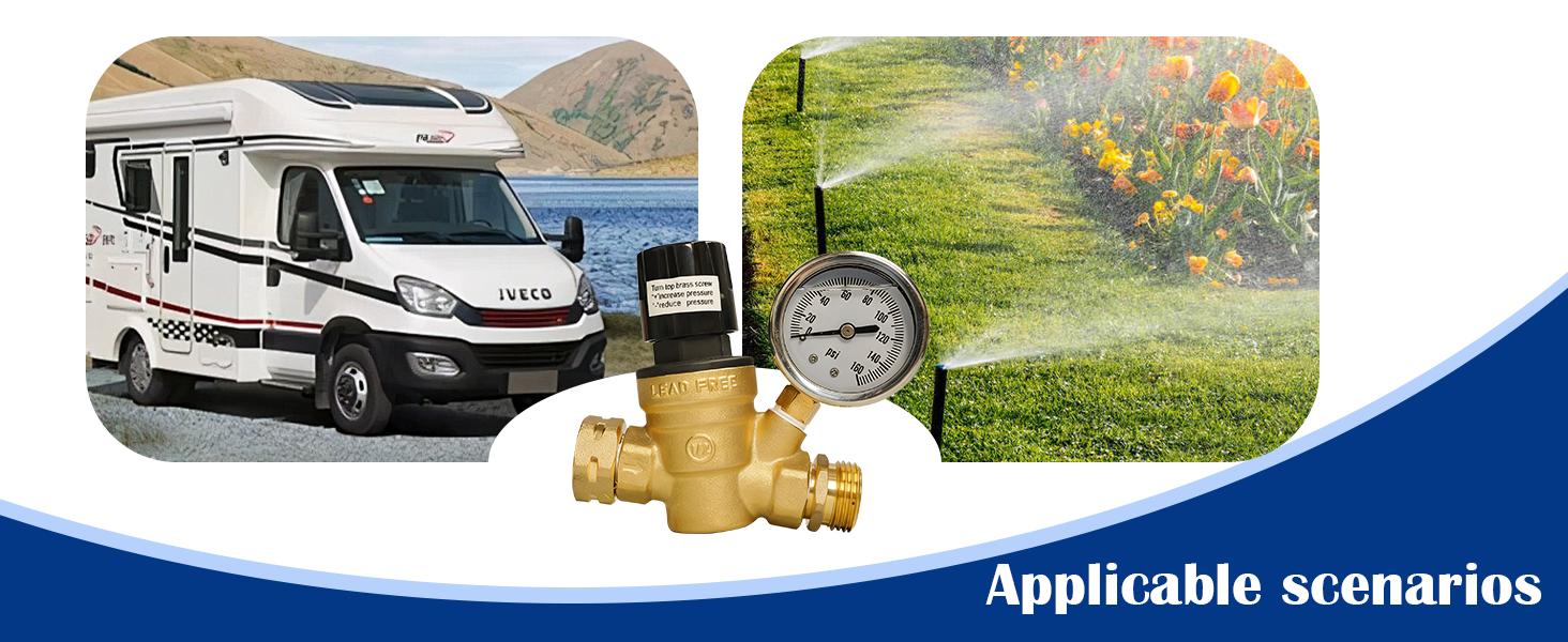 RV Water Pressure Regulator, Adjustable Handle Brass Water Pressure Regulator, Water Pressure Reducer with Gauge and Inlet Screened Filter for RV Camper Travel Trailer