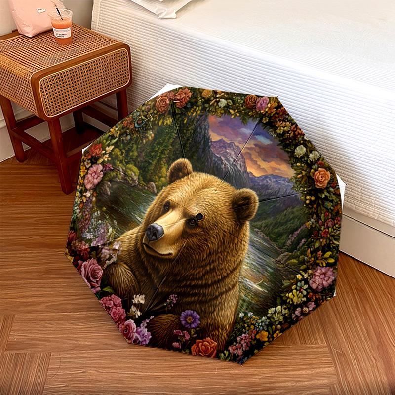 1 PC Automatic Folding Umbrella - Nature's Majesty: A Bear Amidst Flowers Pattern, Portable & Foldable Design with 8 Ribs, Merry Christmas Pattern,Casual Outdoor Accessory Halloween and Christmas Birthday Gifts. G0022