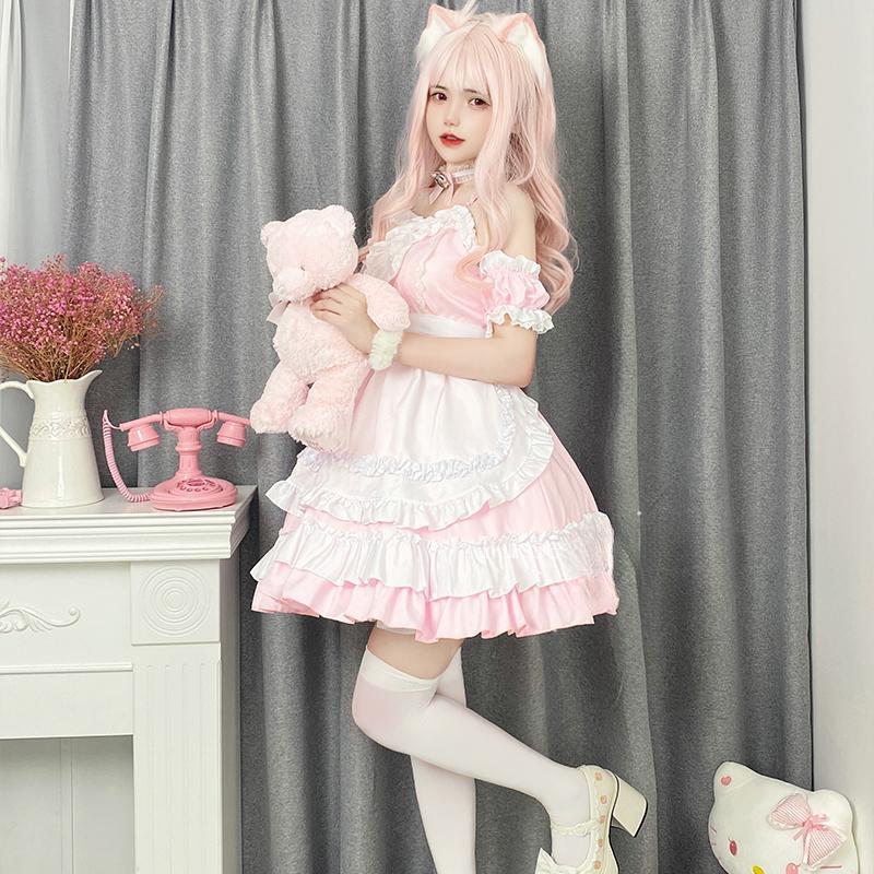 Japanese Sweet Lolita Dress Anime Cat Girl Plus Size Maid Halloween Cosplay Costume Pink Ruffles Kawaii Princess Party Dresses