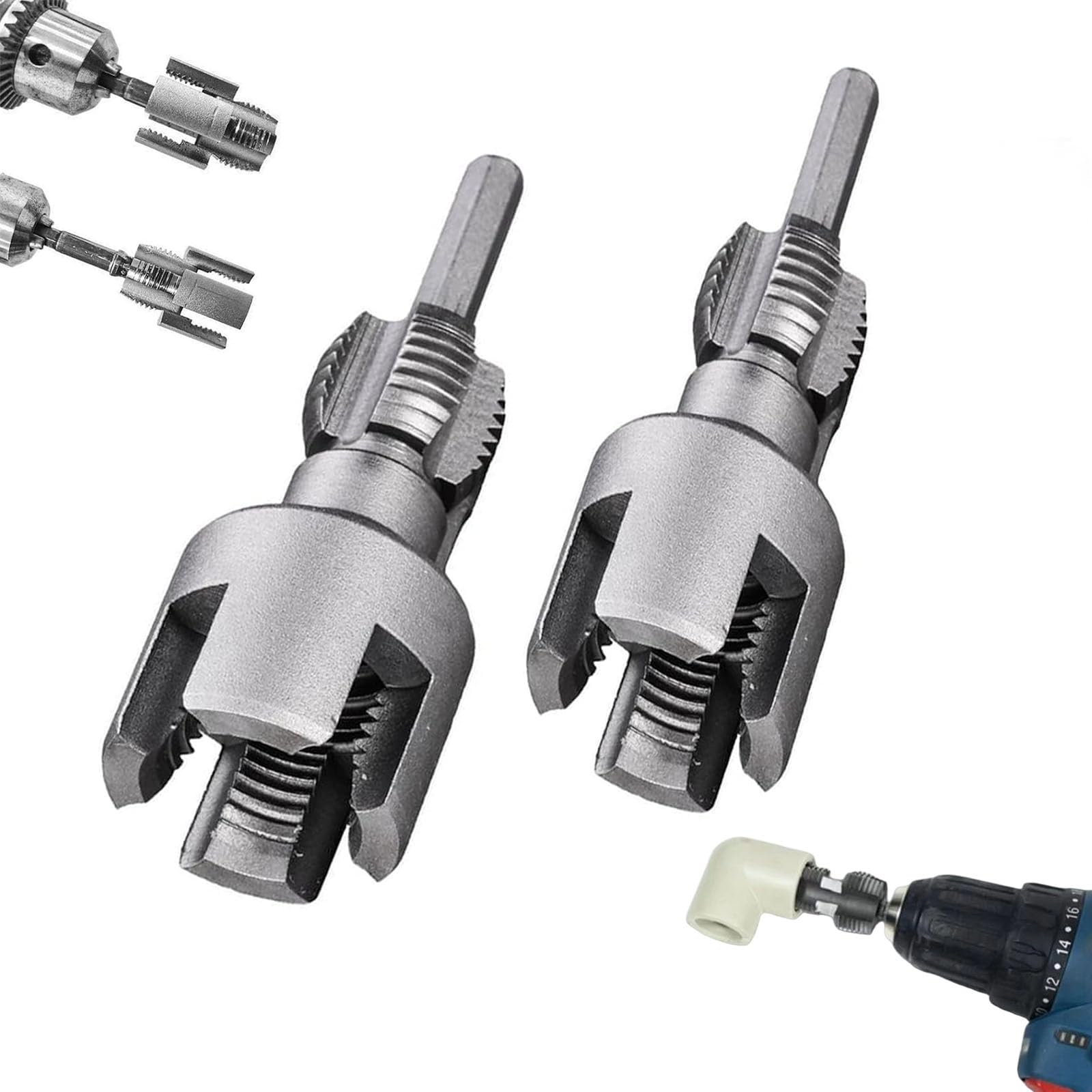 Pipe Thread Cutting Tool, Integrated Internal & External Pipe Threading Tool,Electric Drill Compatible PVC Pipe Threader Kit,1/2" (DN15) 3/4" (DN20) Pipe Sizes Rethreading Tool (silvery), Hand Tools