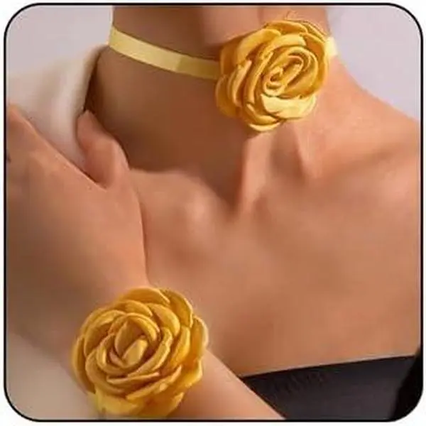 Satin  Flower  Set Bohemian  Flower Choker Necklace Bracelet Set Adjustable Lace Bridal Choker Necklace Bracelet  Statement Summer Beach Wedding Accessories