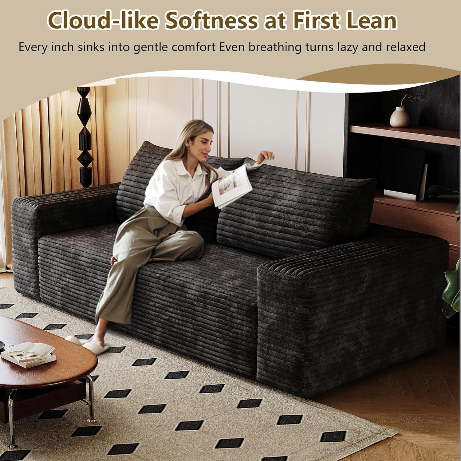 71" Corduroy 3-Seater Sofa, Deep Seat Couch with Pillow, 600 lbs Capacity, No Assembly Required, for Living Room, Apartment, Bedroom (Black)