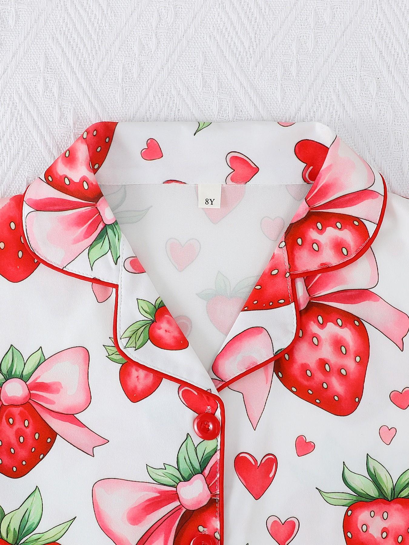 2-Piece Kids Pajama Set, Casual Strawberry Bow Heart Pattern, Fashion Open-Cardigan Short Sleeve Top and Shorts, Flame-Retardant Knit, All Seasons