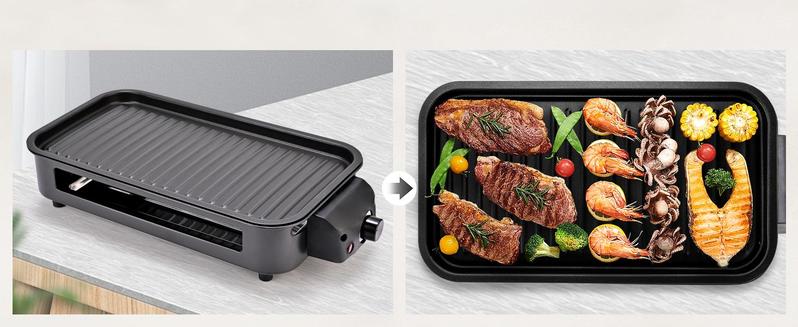Pukomc Compact electric indoor grill with 5 heat settings, non-stick coating & removable drip tray. Dishwasher-safe for easy cleaning—ideal for quick, smokeless BBQ anytime.
