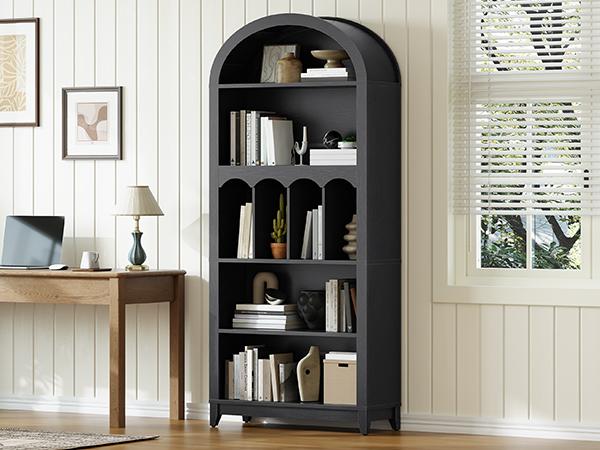 HOOBRO Arched Bookshelf, 71" Tall Arch Bookcase with Storage, 5-Tier Farmhouse Book Shelf, Modern Arched Cabinet, Wooden Bookshelf with Open Display, Wooden Shelves for Living Room, Office, Black Stable Structure