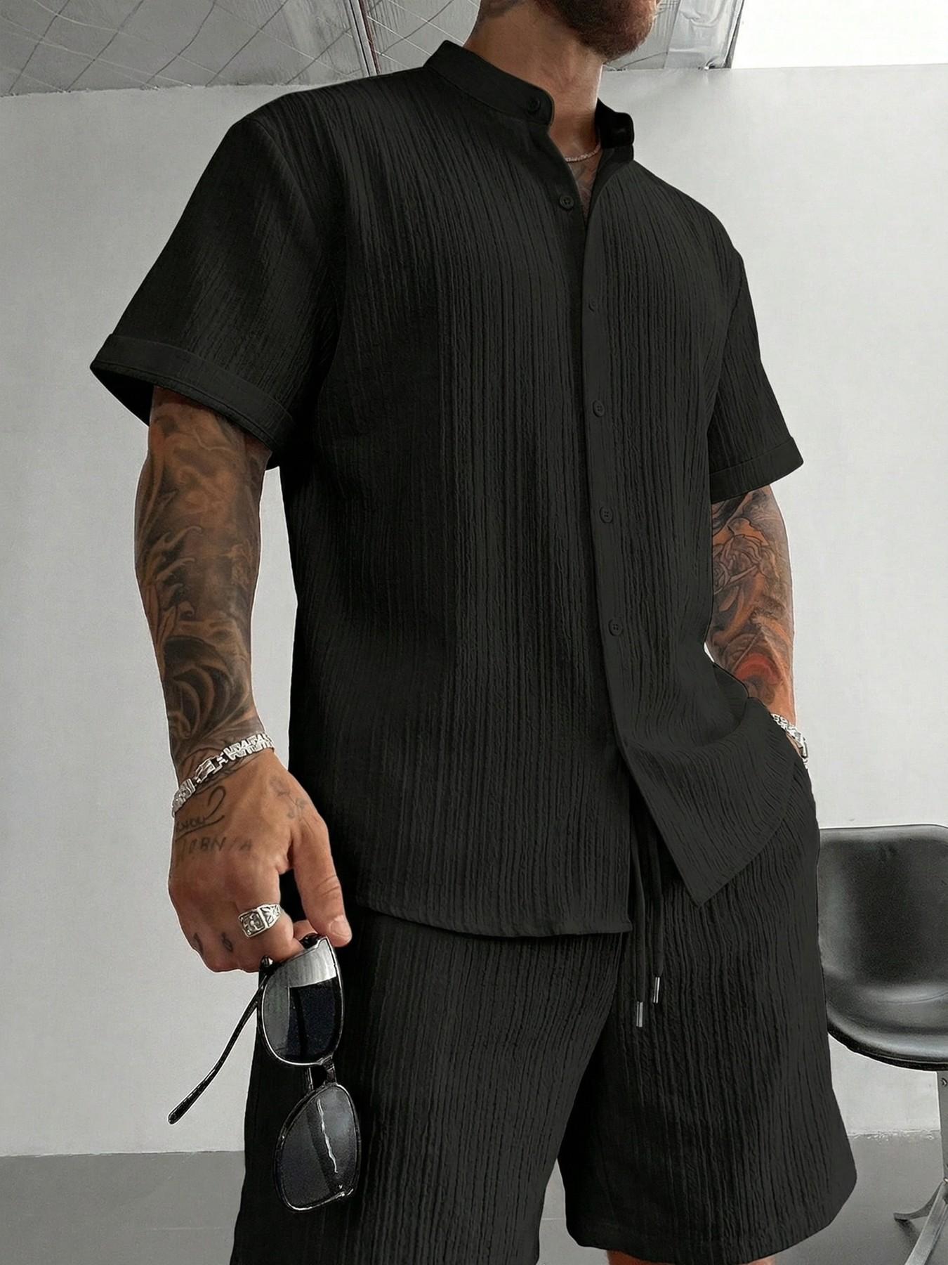 Men's Textured Stand Collar 2-Piece Outfit Set | Black/White/Grey Color Options | Short Sleeve Button Shirt + Drawstring Waist Shorts | Soft Breathable Fabric | Perfect for Summer Casual Outings, Streetwear & Smart Casual Style | Essential Set
