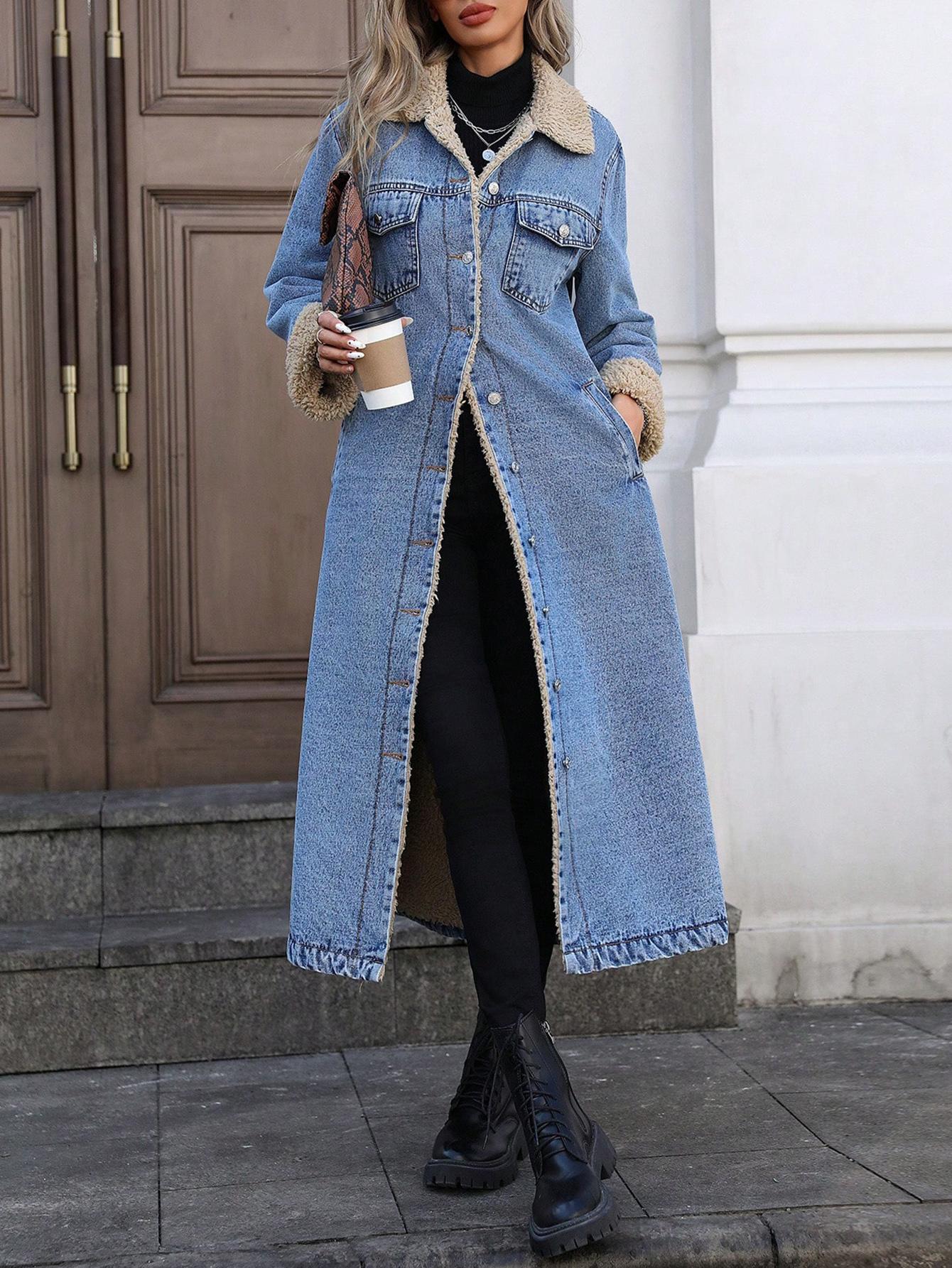 Women's Long Fleece-Lined Denim Jacket, Elegant Single-Breasted Design, Perfect For Winter, Casual
