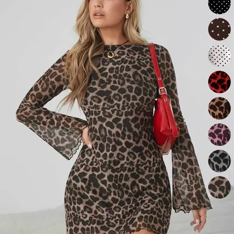 Women's Leopard Print Long Sleeve Slim Fit Dress, Feminine Elegant Ruffle Hem Short Skirt, Bodycon Mesh Sleeves, All Seasons Fashion