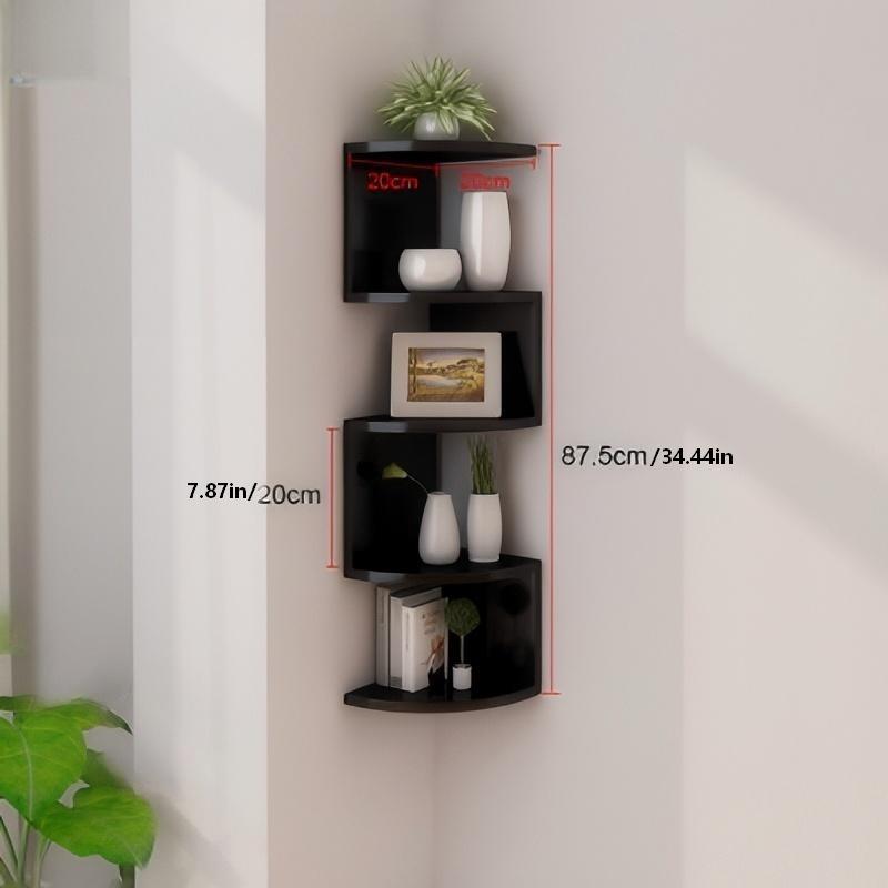 Five-tier corner shelf – a space-saving floating storage rack suitable for bedrooms, living rooms, and bathrooms. This wall-mounted organizer features a European and American style corner floating shelf and a minimalist bookshelf design.