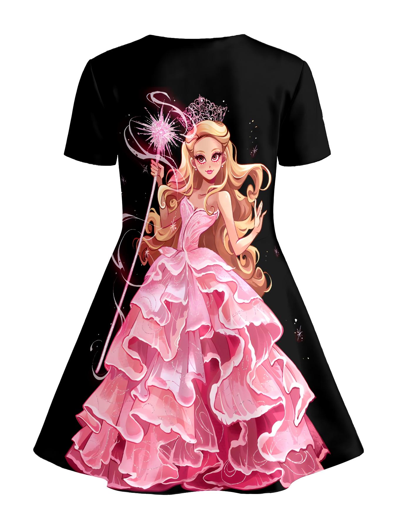 Girls Summer Pink Gown Princess Print Dress, Kids Black Background Magic Scepter Crew Neck Short Sleeve A-Line Dress