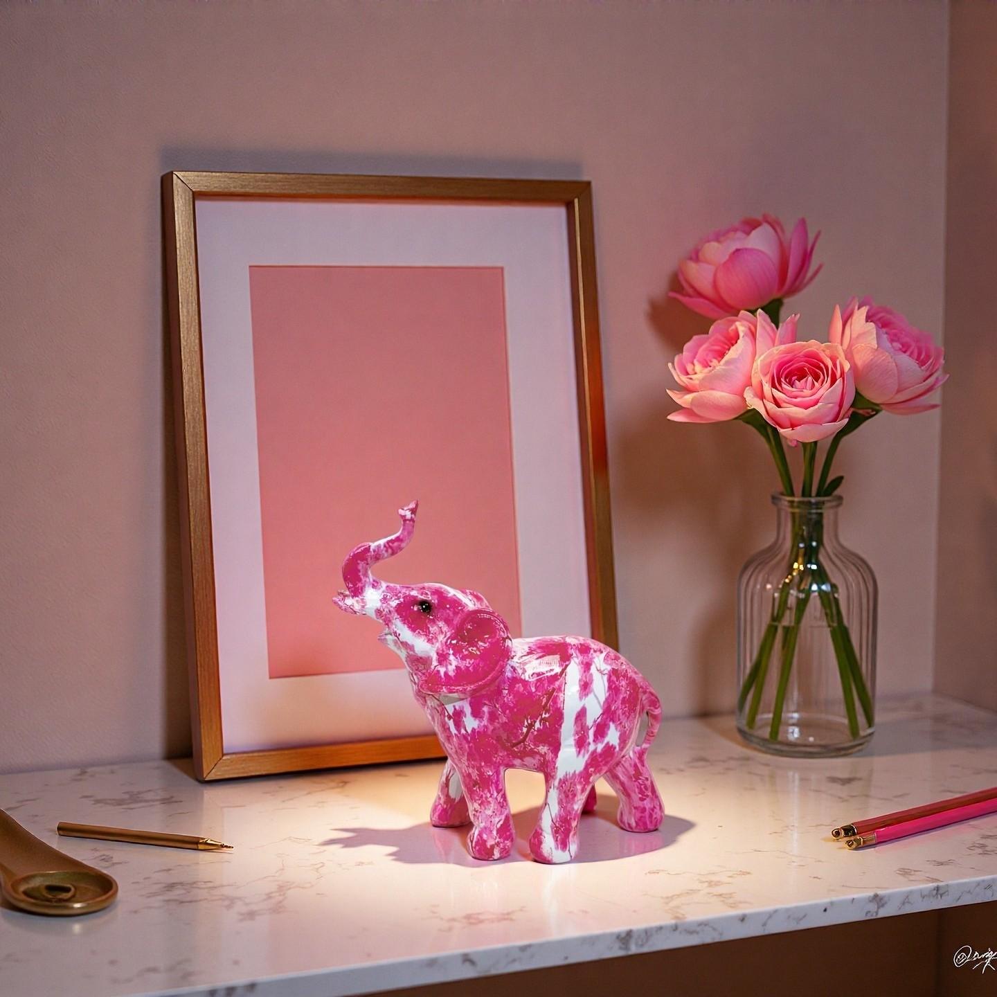 Nordic Style Rose Ink Art Elephant Resin Figurine, Modern Luxurious Home Decor Office Desktop Ornament, New House Personal Gift