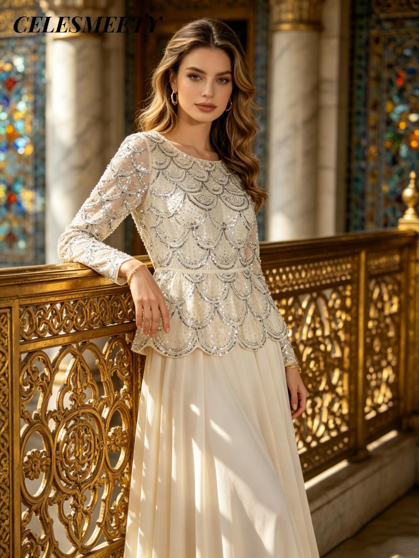 Celesmeety Women's Elegant Formal Wear Embroidered Sequin Gown Chic High Neck Sequin Long Dress, Chiffon Sheer Long Sleeve, Perfect for Wedding Guests, Graduation Dance, Dinner Party, Wedding Guest Dresses