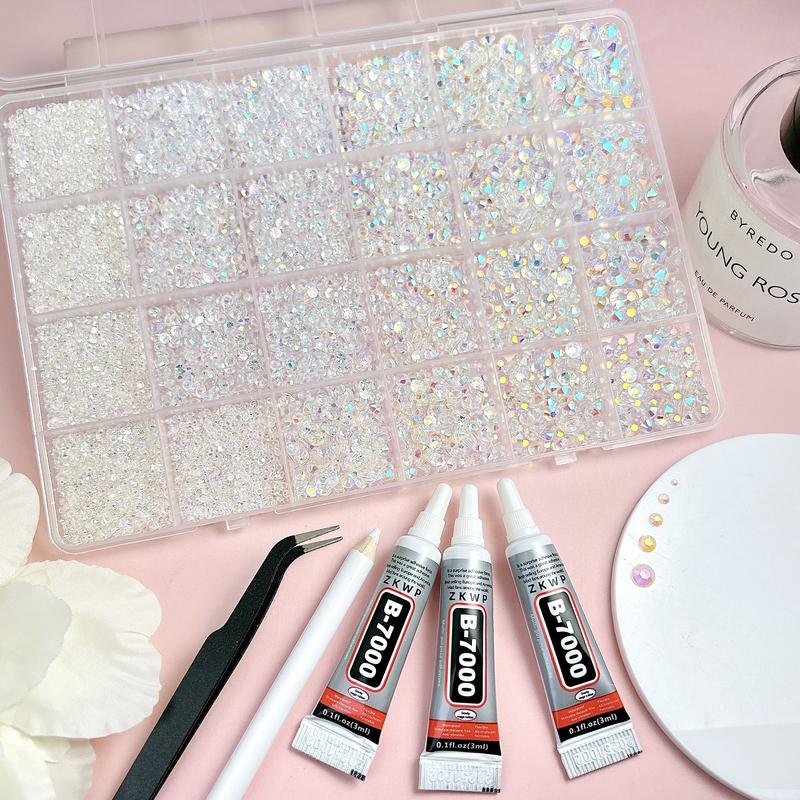 1 Box AB Color Semi-circular Rhinestones for Bedazzling Kit,Multi Sizes Flatback Shiny Resin Diamonds Nails with 3Pcs 10ml Jewelry Adhesive Glue Tweezers,for DIY Clip Pen Nail Designs