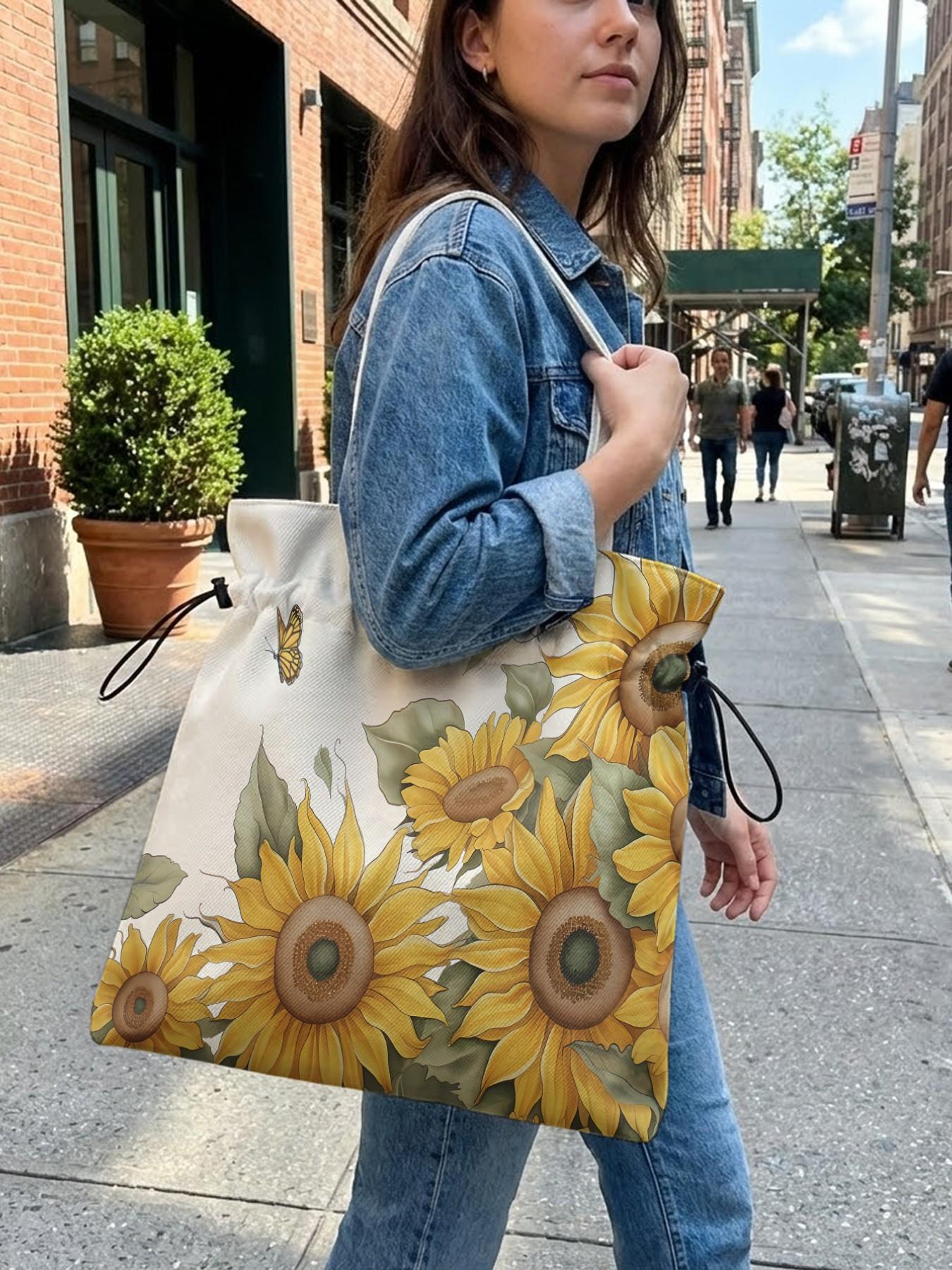 Sunflower Pattern Drawstring Tote Bag, Reusable Tote, Large Capacity Shopping Bag, Durable and Wear-Resistant, Casual Style for Work, Shopping, Picnic