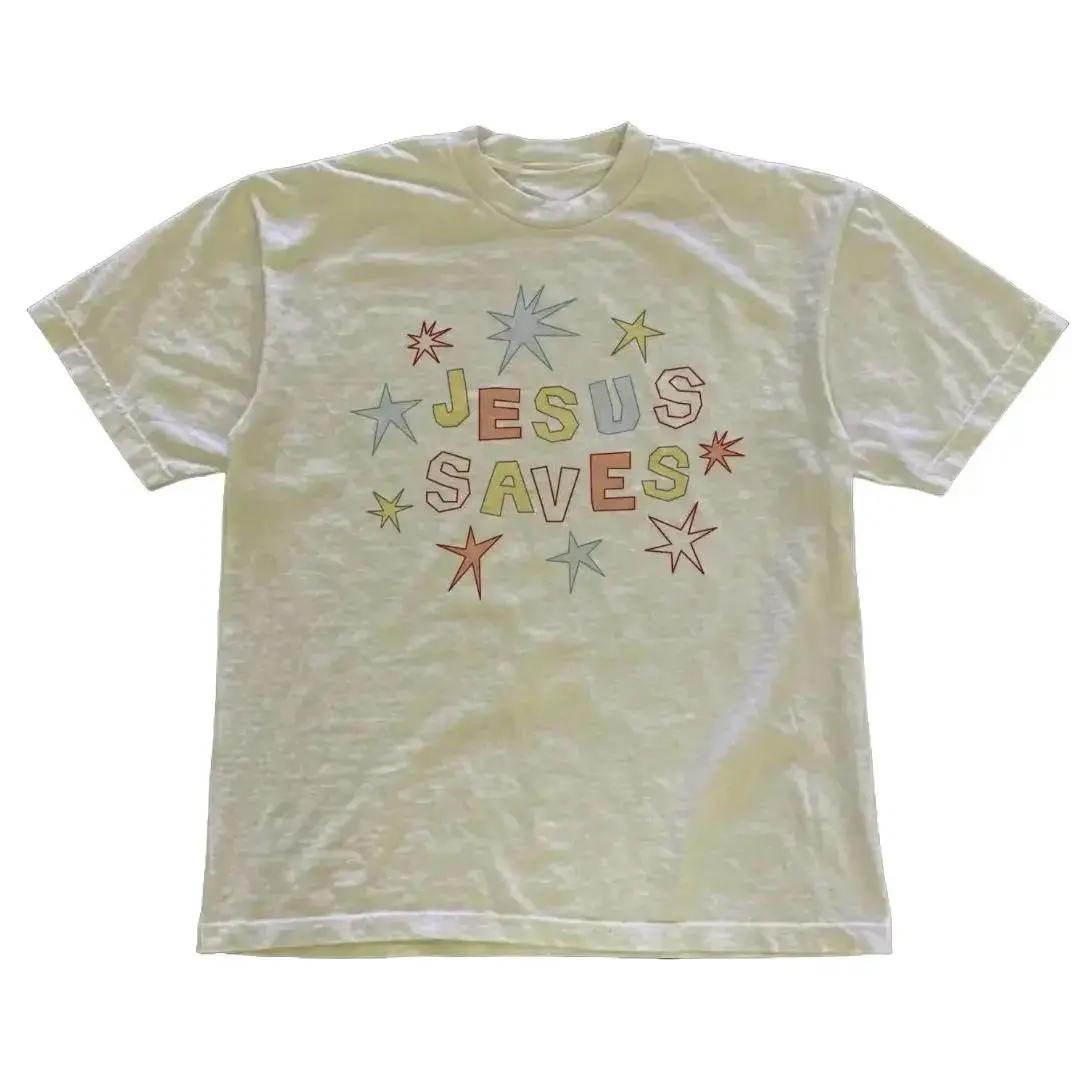 Women's Round Neck Shortsleeve Unisex-Fit Vintage Jesus Print Retro Cotton Streetwear T-Shirt, 2000's Casual Top, Women's Gift