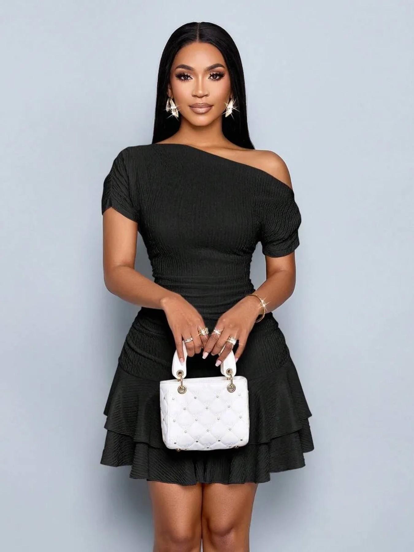 Women's Elegant Mini Dress, Short Sleeve Solid Color, Asymmetrical Shoulder Pleated Ruffle, Slimming Waist, Summer Party Date Wear