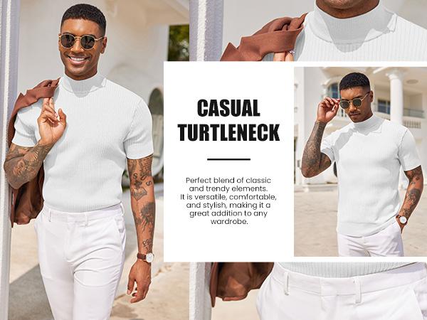 COOFANDY Lightweight Men's Mock Turtleneck Sweater Short Sleeve Casual Basic Tops Ribbed Knit Pullover Solid Tee（100%Polyester）