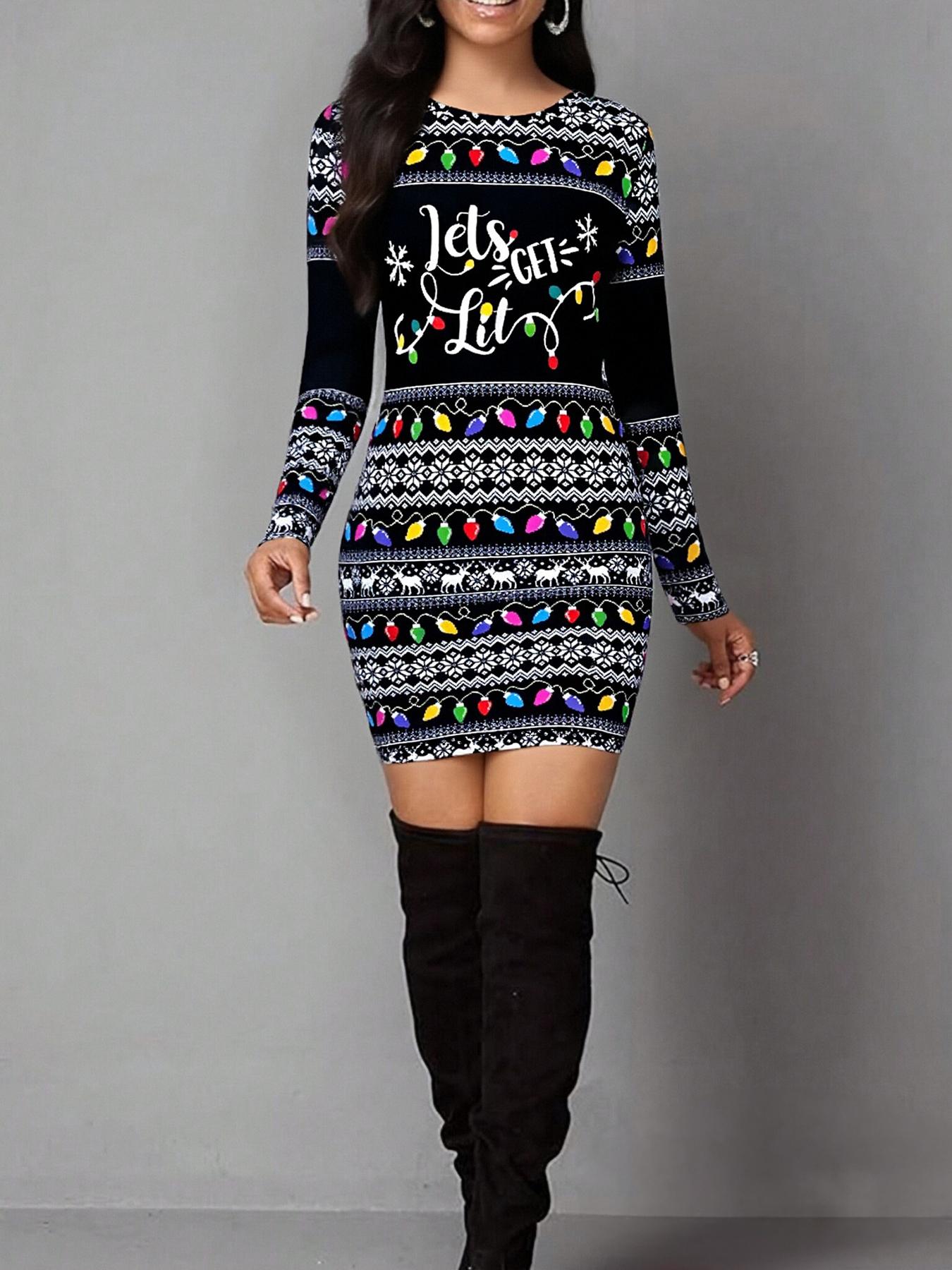 knee length dresses for ladies Christmas Print with Pockets Long Sleeve Girls Dress 8