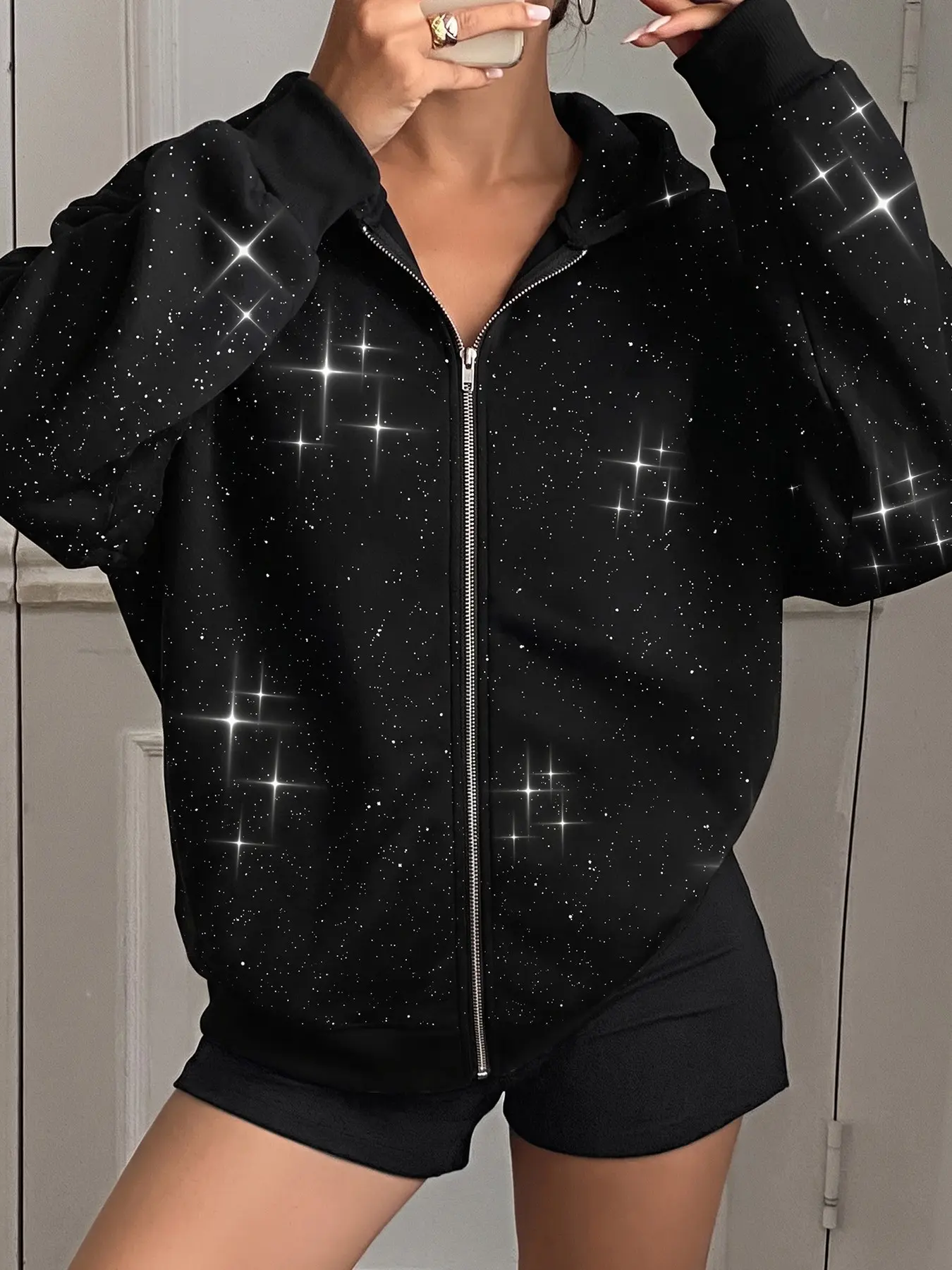 Unisex Black All Over Star Rhinestone Full Zip Oversized Hoodie, Casual Loose Hoodie, Y2K Thermal Fleece Lined Long Sleeve Hooded Jacket, Streetwear Outerwear Matches Cargo & Denim Pants For Fall Winter Daily Outfits