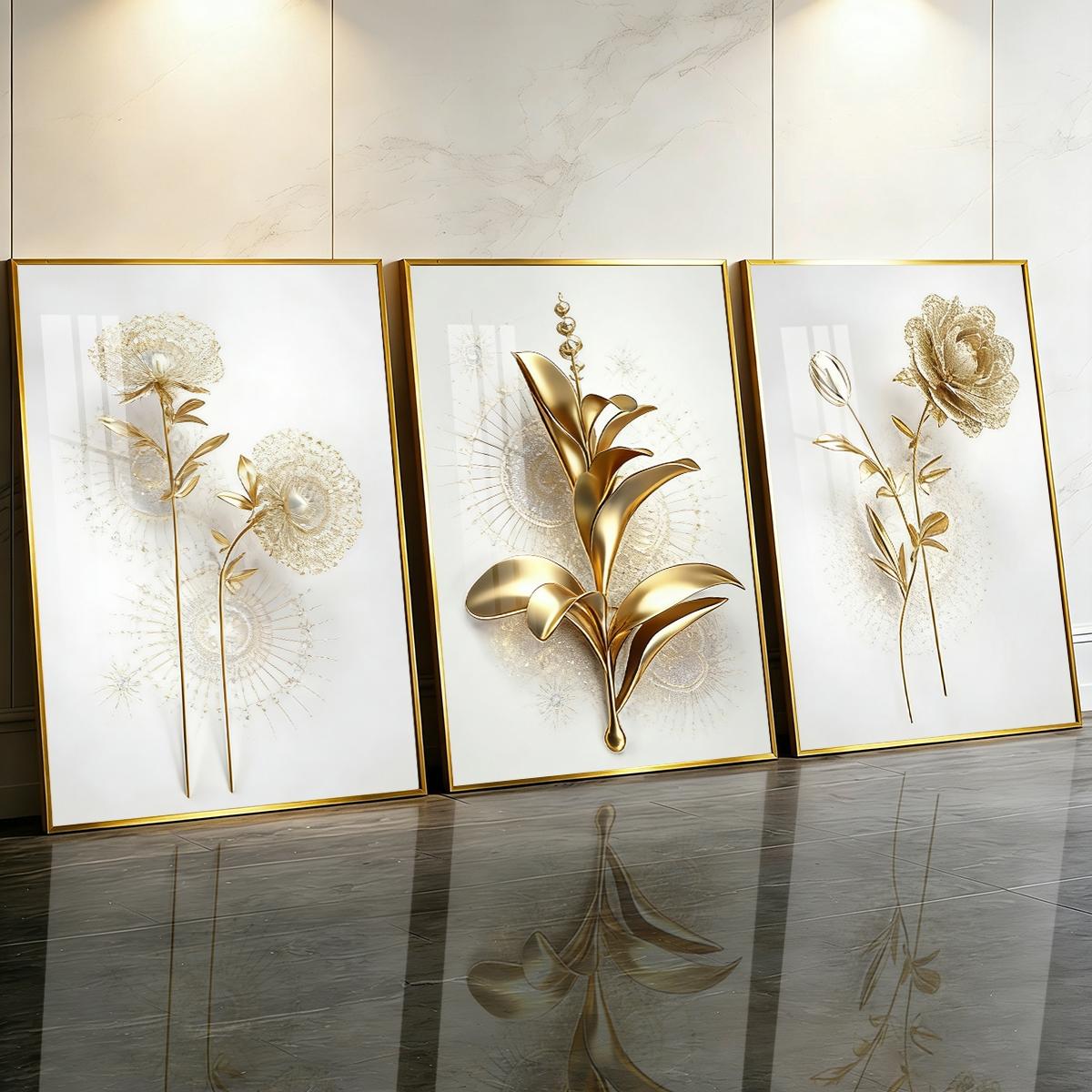 3 Counts Aluminum Alloy Framed Painting, Golden Abstract Flowers Artwork, Home Decoration For Living Room, Bedroom, Office, Restaurant, Hallway Wall Decor, Odorless Print Artwork, Luxury Perfect Gift For Friends And Family