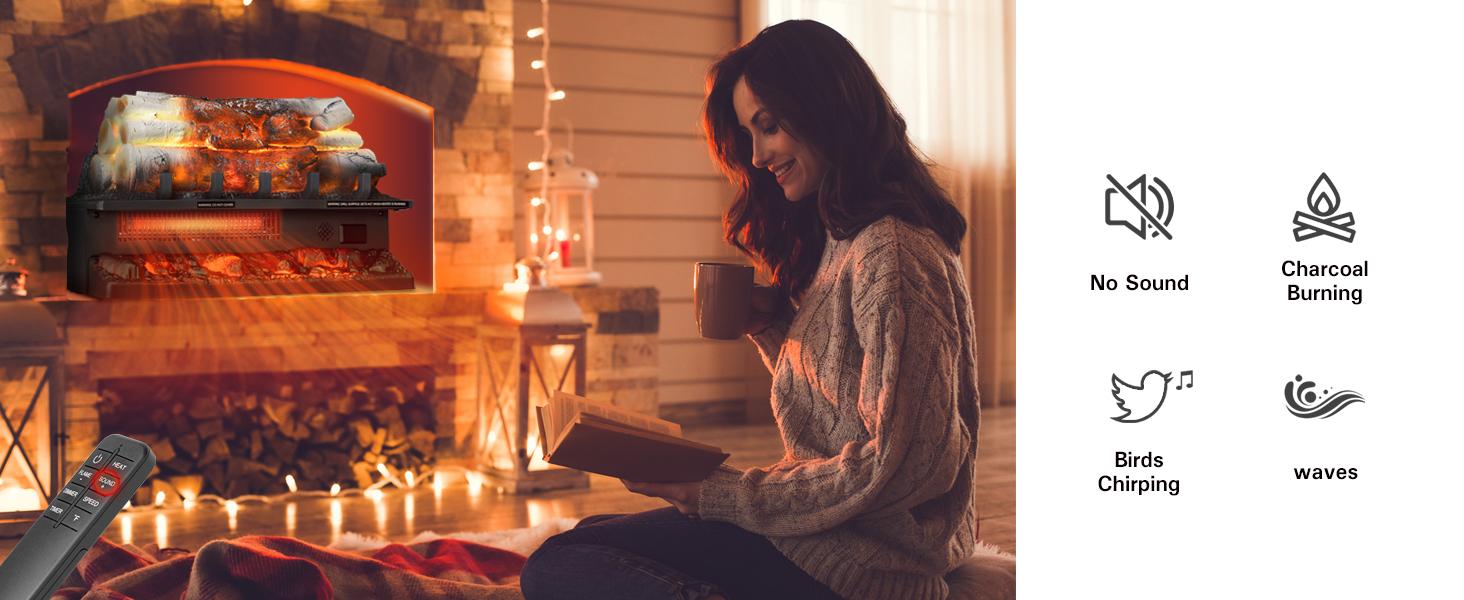 R.W.FLAME Electric Fireplace Log Heater,20" Fireplace Inserts with Crackling Sound,5 Flame Brightness,Heater 750W/1500W,Remote Control&Timer,Overheating Protection for Home and Office Decor