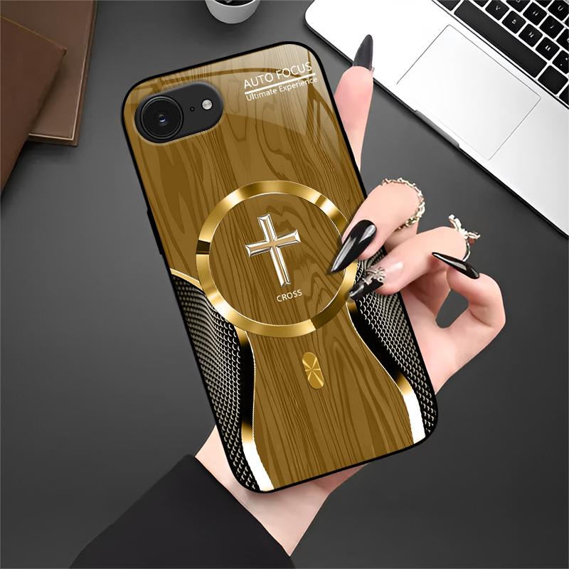 Luxury Wood Grain MagSafe phone case Carbon Fiber Texture Golden Cross Emblem for [iPhone 16e] 952
